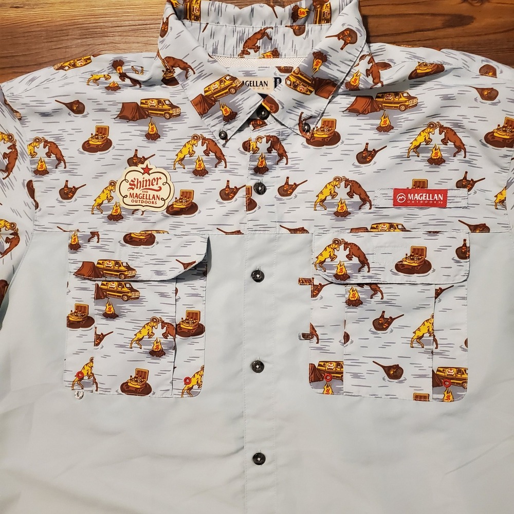 Magellan Outdoors Shiner Beer Fish Gear Shirt Mens XL Blue Fishing Button Down